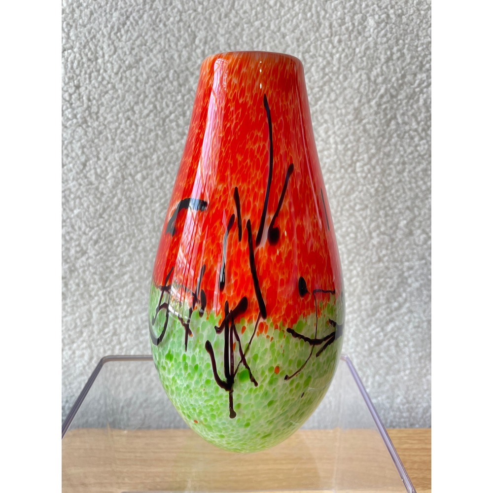 Art Glass Watermelon Vase Hand Blown Red Green Speckled Abstract Black Lines